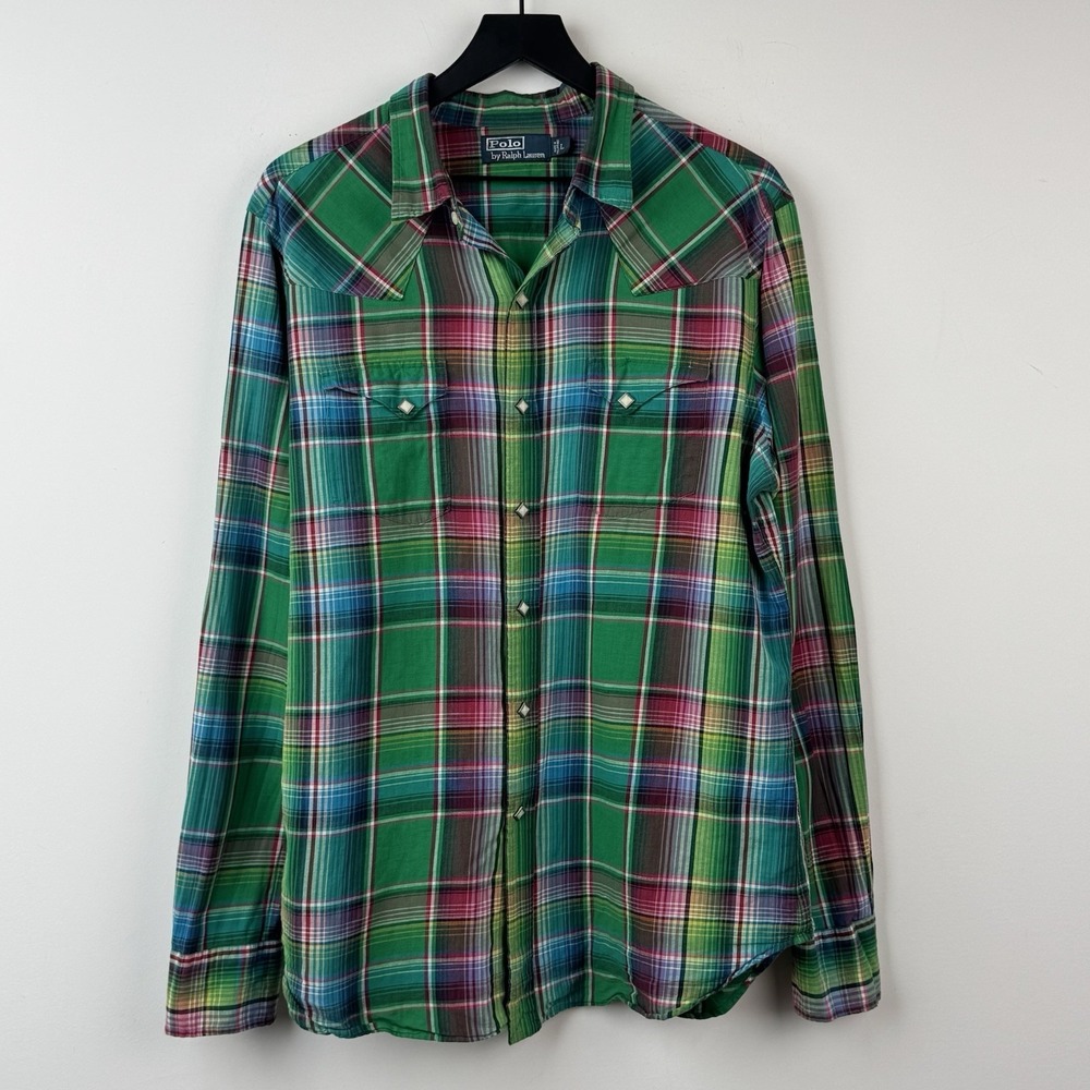 VTG Polo Ralph Lauren Western Shirt Mens L Green Plaid Diamond Pearl Snap Button
